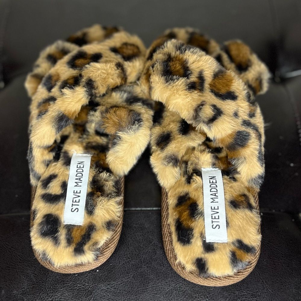 Steve Madden Fur Slippers Women Leopard Print Criss Cross Slippers Sandals Sz 7 - Picture 8 of 11